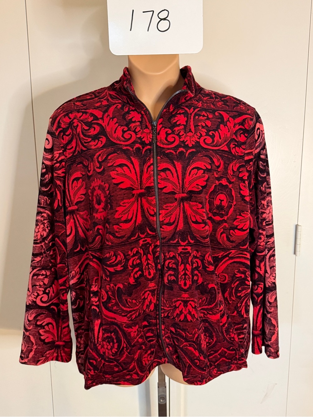Onque Casuals Red and Black Ornate Zip-Front Velvet Jacket